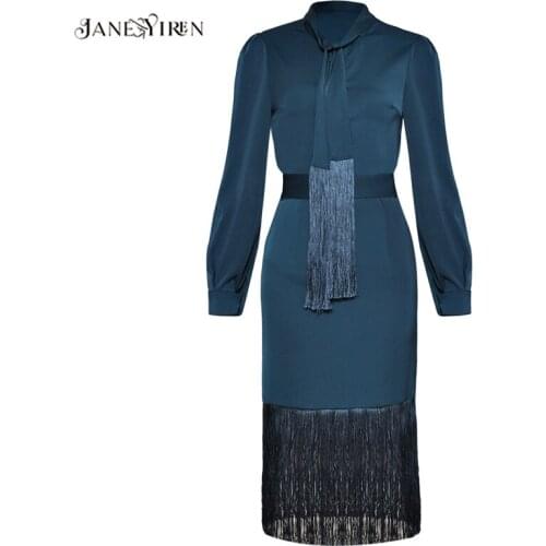 Jianyiren Fashion Career Office Two-piece suit Spring Women Bow colla Elegant Shirt Tops+Sexy Package buttocks Tassel skirt Set
