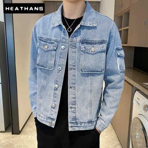 Jean Jackets Men Turn-down Collar Multi Pocket Printed Denim Jacket Mens Spring Autumn Japanese Style Slim Fashion Male Jackets