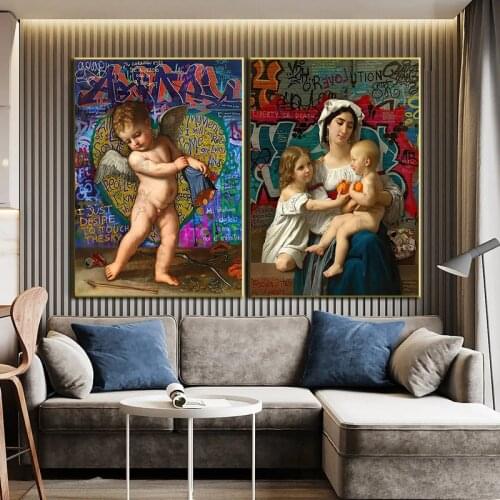 Religious Wall Art Virgin Mary and Angel Child Poster Abstract Canvas Mural Painting Modern Style Graffiti Picture Home Decor