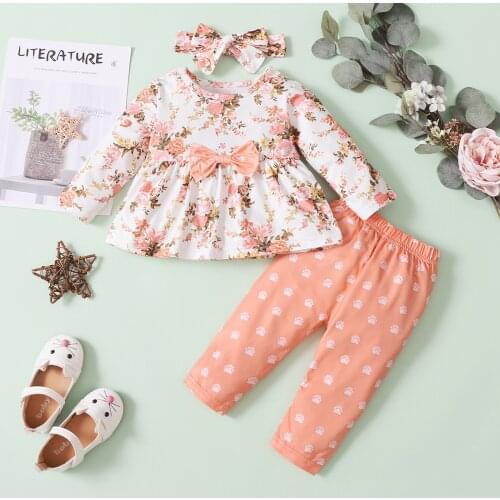 3pcs Newborn Baby Girls Clothes Floral Bow Top + Pokla Dot Pants + Headband Sets Infant Outfits Girls Clothing 6 12 18 24 Months