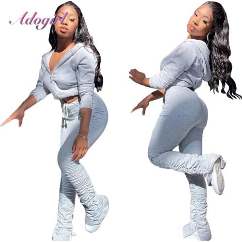 Autumn Workout WomeS Sets Long Sleeve Zipper Hoodies Tops Stacked Flare Pants Suit Jogger Two Piece Set Outfit Sport Tracksuit