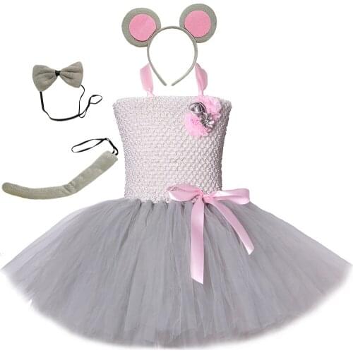 Gray and Pink Mouse Tutu Dress Knee-Length Tulle Flowers Kids Birthday Party Tutu Dresses for Girls Christmas Halloween Costume