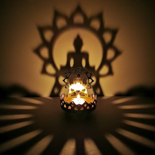 Candlestick Buddha Butter Oil Lamp Sitting Buddha Lotus Feature Metal Hollow Carved Light and Shadow Art Candlestick