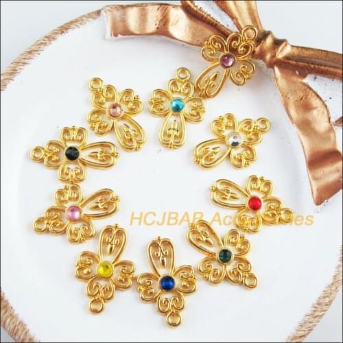 20Pcs Gold Color Cross Flower Mixed Crystal Charms Pendants 14.5x21.5mm