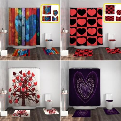 Romantic Love Print Fabric Shower Curtain Bathroom Curtains Set Wood Grain Anti-skid Rugs Toilet Lid Cover Bath Mat Sets