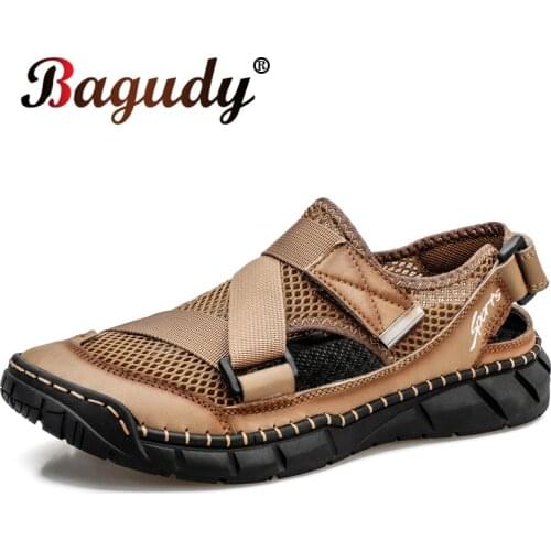 Summer Classic Men Casual Sandals Mesh Breathable Men Cow genuine leather Sandals Man Roman Soft Comfortable Outdoor Beach shoes