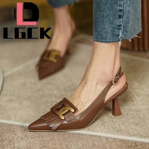 Summer High Heel Sandals Women Retro Pointed Toe Shallow Mouth Slingback Metal Decoration Chain Fringe Tassel Pumps Banquet Shoe
