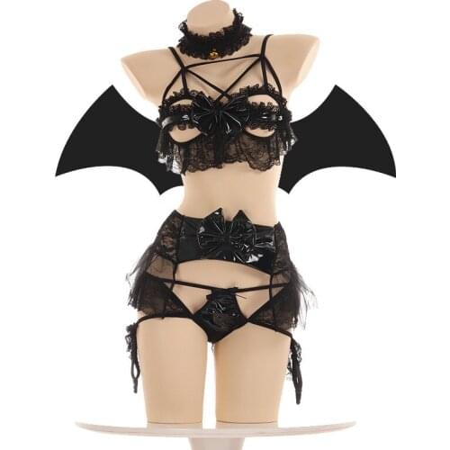Sexy Lace Bat Lingerie Pu Leather Little Demon Women Devil Cosplay Bikini Open Cup Bra Set Lolita Anime Wings Exotic Apparel