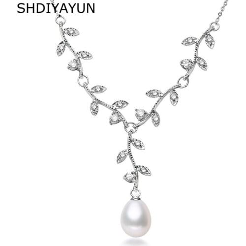 SHDIYAYUN 2019 Pearl Necklace 925 Sterling Silver Jewelry For Women Natural Freshwater Pearl Choker Necklace Leaf Pendant Gift