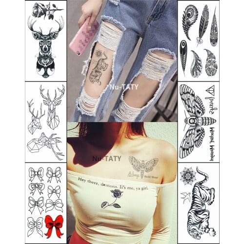 Nu-TATY Waterproof Temporary Sticker Rose Reindeer Square Reindeer Moth Tiger Bows And Feathers Body Arm Men Fake Tattoo Sticker