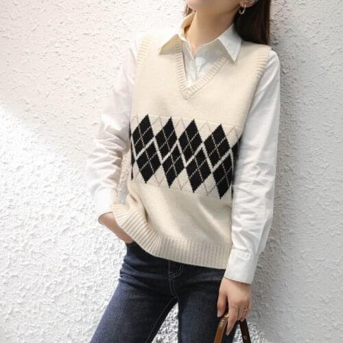 V-Neck Knitted Vest 100% Wool Womens Sweater Autumn New Korean Loose Wild Pullover Vest Sleeveless Sweater Waistcoat Outer