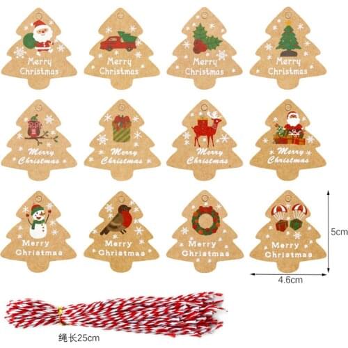 48pcs Kraft Paper Merry Christmas Tags Retro Christmas Tree Labels Tag with Rope Xmas Ornament New Year Gift Decor 2020 Noel