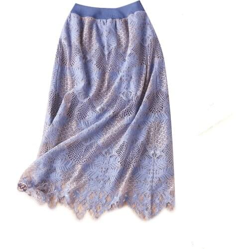 Lace Women Skirts High Waist Office Lady A-Line Solid Mid-Calf Empire Korean Fashion Skirt 2020 Autumn New Faldas Mujer Moda