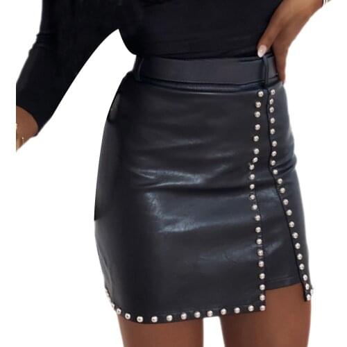 Sexy Women Mini Dress Pu Leather Skirt Rhinestone High Waist Leather Split hip Skirt Pearl Decor Summer High Street Clothes