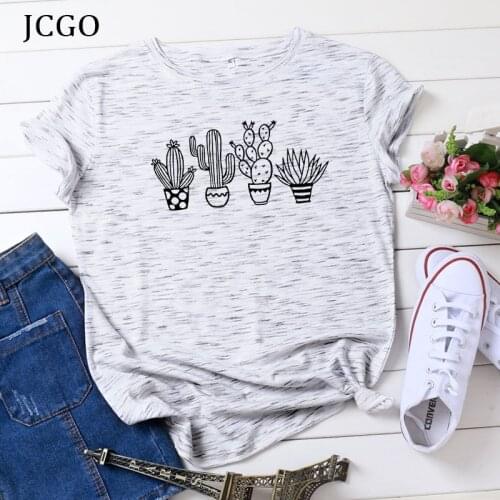JCGO Summer Cotton Women T Shirt S-5XL Plus Size Cactus Plants Print Short Sleeve Women Tees Tops Casual O-Neck Female tShirts