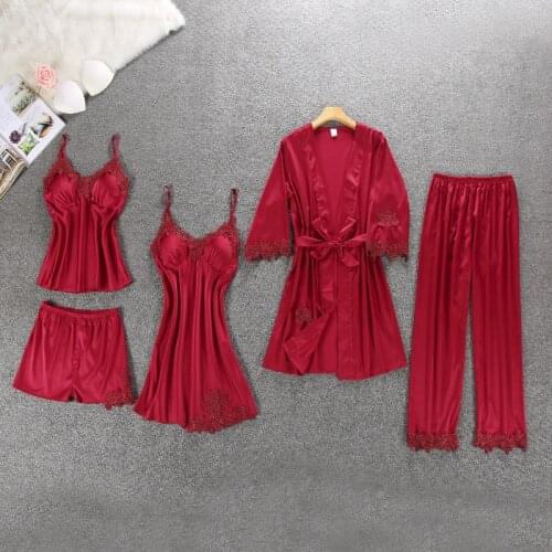 Women Pajamas Silk Home Wear 5 Pieces Satin Sleepwear Pijama Home Clothing Embroidery Sleep Lounge Pyjama With Chest Pads