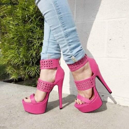 Ronticool Hollow Out Women Platform Sandals Back Zipper Stiletto Heels Open Toe Gorgeous 6 Colors Dress Shoes US Size 5-20