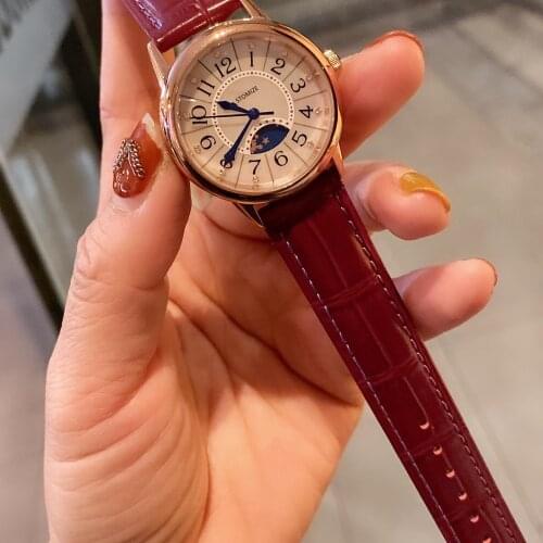 Hot Brand Real Leather Women Quartz Watch Daytime Sun Moon Night Turn Round Mother Pearl Shell White Dail Moon Phase WristWatch