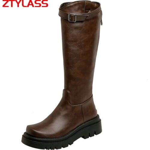 2021 Autumn Flat Heel Knee High Boots Fashion Platform Women Boots Slip On Winter Plush Long Boots Ladies Shoes Big Size 42 43