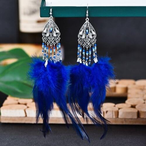 Boho Summer Blue Long Feather Earrings For Women Vintage Silver Color Flower Beads Tassel Earings Fashion Jewelry Oorbellen