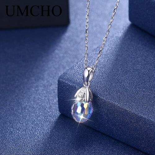 UMCHO Real 925 Sterling Silver Necklace Drop Crystal Blue Sapphire Necklaces & Pendants For Women Romantic Gift With Chain