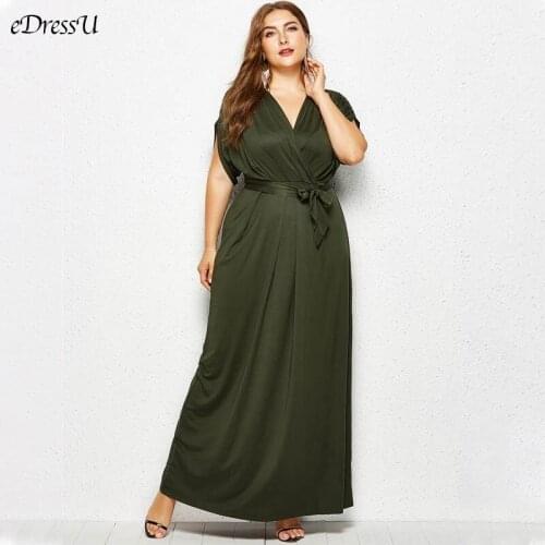 Plus Size Women Evening Party Dress V Cut Loose Blue Floor Length Special Occasion Maxi Dress Daily Vestido eDressU LMT-FP3004