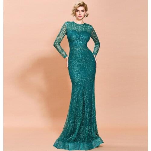 Glamorous Mermaid Jewel Floor Length Sequined Evening Dresses Pleats Long Sleeves Trumpet Zipper Up Spring Formal Gown Women