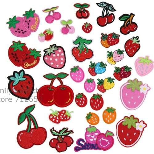 Free shipping 10 pcs Cherry strawberry fruit Embroidered Iron on patches Motif sew on Cartoon Applique embroidery DIY accessory