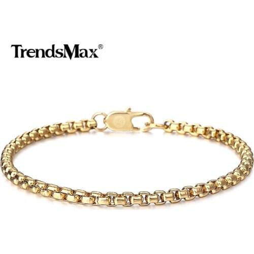 4mm Stainless Steel Chain Bracelet Link Jewelry Gift For Men Gold Lobster Clasp Chain 8/9 inch Bracelet Wristband HTBS003
