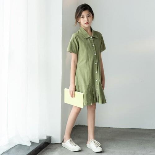 2021 Girls Dress Elegant Cotton Pleated Kids Dresses for Girl Army Green Summer Dress Children Clothes 8 10 12 14 16 Years