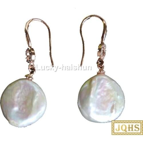 JQHS Super Luster 16mm Dangle coin fastener white pearls Earrings 925 silver hook j13106