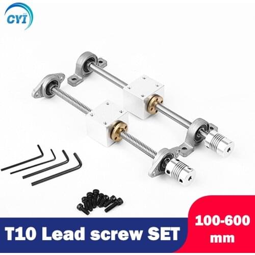 T10 Lead Screw Set Lead 2mm Pitch 8mm 100/300/500/600mm+Brass Nut+Coupling+2Pcs KP000 or KFL000 Support Block For 3D Printing