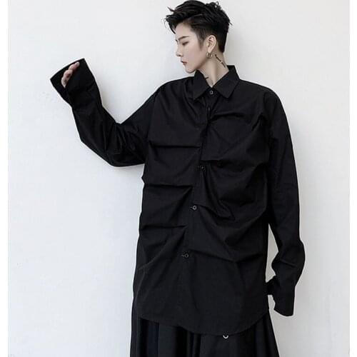 Men Pleated Design Long Sleeve Casual Blouse Shirt Male Japan Korea Style Streetwear Loose Folds Shirt