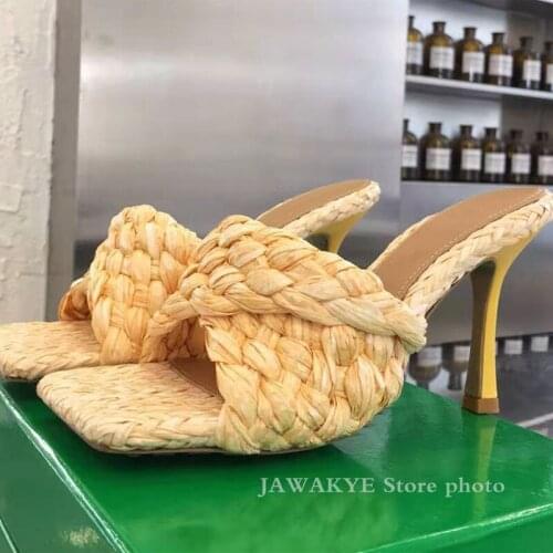 Summer Square Open Toe High Heel Mules Slippers Women Rattan grass Braid Sandals Sexy Fashion Luxury Brand Party Shoes Mujer