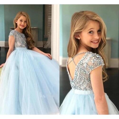 Sky Blue Girls Pageant Dresses Rhinestones Beaded Top Sheer Cap Sleeve Ribbon Belt Flower Girls Dress Kids Birthday Gown
