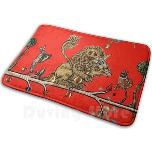 Weird Medieval Bestiary Making Music Violinist Lion , Hare Snail Cat In Royal Red Soft Non-Slip Mat Rug Carpet Cushion