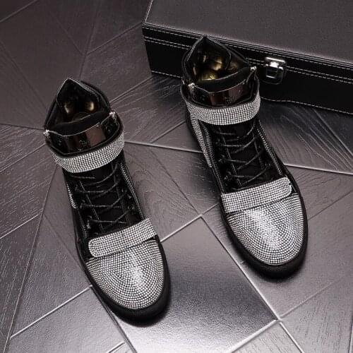 New Luxury British Designer Leather Shoes Lace Up Hip Hop Streetwear Rhinestone Fashion Board Shoes Anti-slip Footwear 122