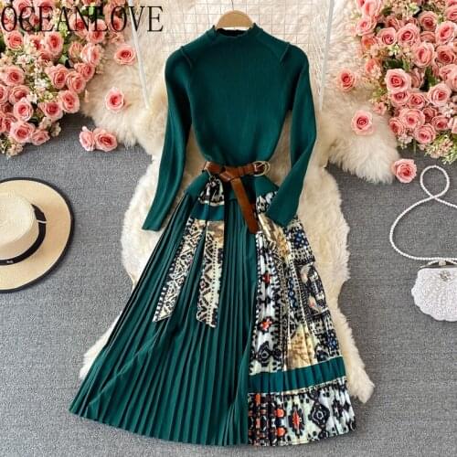 OCEANLOVE Print Vestidos Knitting Vintage Korean 2021 Autumn Winter Women Dresses Stand Collar High Waist Patchwork Long Dress