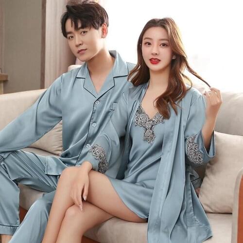 Men Stain Silk Pajama Set Shirt Pants Mens Sleepwears Men Sexy Soft Homme Cozy Relax Nightgown Couples Lounge Pajama Nightwear