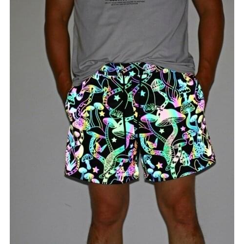 Mushroom Printed Colorful Reflective Mens Shorts Shiny Hip Hop Dance Fluorescent Shorts for Men Night Sporting Joggers