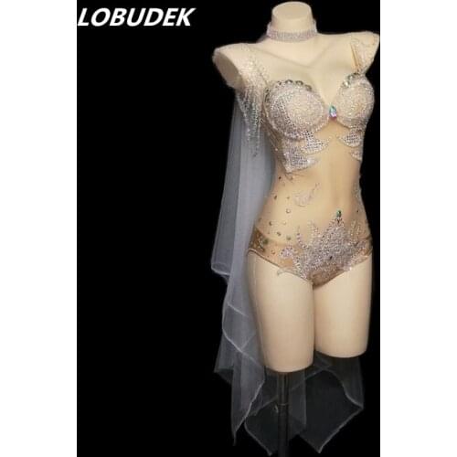 Rhinestones Beading Nude Color Mesh Transparent Sleeveless Bodysuit Sexy Bar Nightclub Women Singer Costume DJ DS Stage Wear