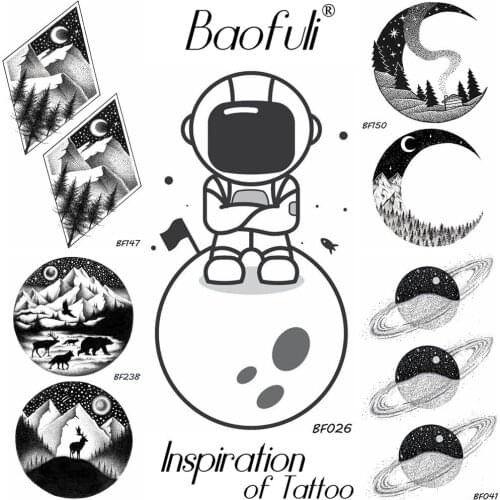 BAOFULI Men Space Astronaut Lunar Temporary Tattoo Cartoon Kids Birthday Gifts Black Waterproof Tattoo Body Art Tatoos Stickers