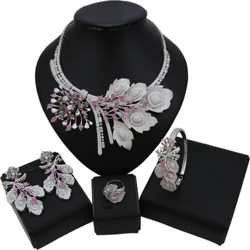 Yulaili Flower Shape Colourful Crystal Choker Neckalce Earrings Bangle Ring American Zirconia Wedding Jewelry Sets for Women
