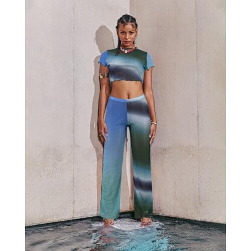 2021 Summer Fashion New Irregular Sexy Comfortable Breathable Stitching Mesh Perspective Gradient Color Female Two Piece Trend