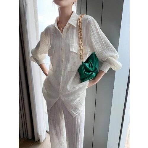 Women Wide Leg Pants Two Piece Summer Comfy Set Female Casual Singble Breasted Shirt Suit Long Sleeve Blouse& Loose Pants 2pcs