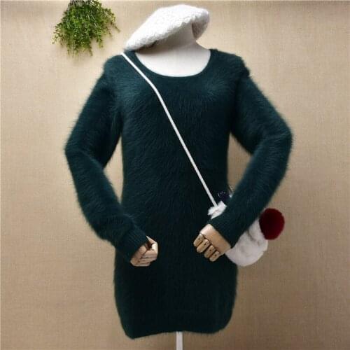 Ladies women fashion hairy plush mink cashmere knit long sleeves slim blouse dress sweater angora rabbit fur jumper pull tops