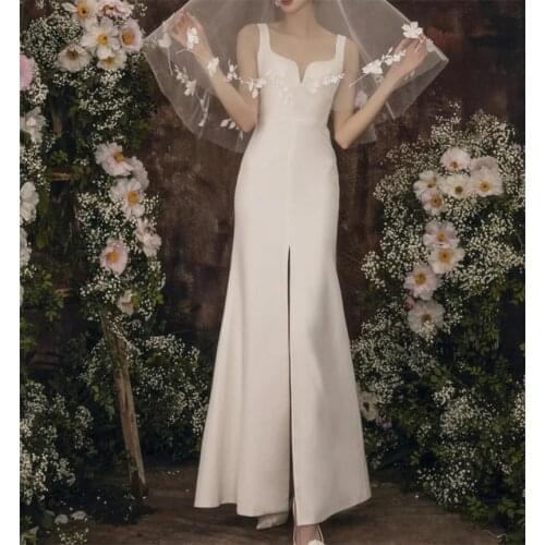 Soft Satin Slit Wedding Dresses Sweetheart Bride Dresses Simple White Vestido de novia Sheath Elegant Beach Party Wedding Gowns