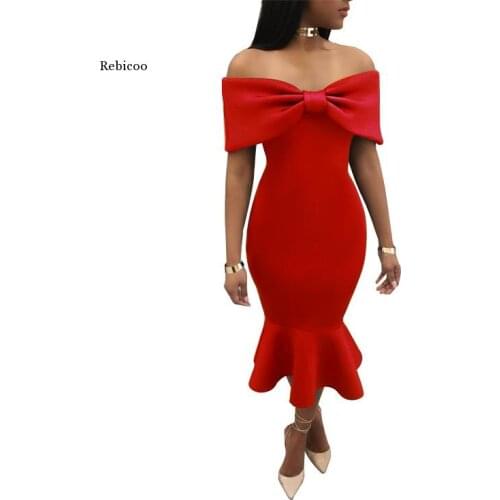 Ladies Front Bow Details Off Shoulder Slash Neck Ruffles Dress Elegant Party Wear Fish Tail Midi Dresses