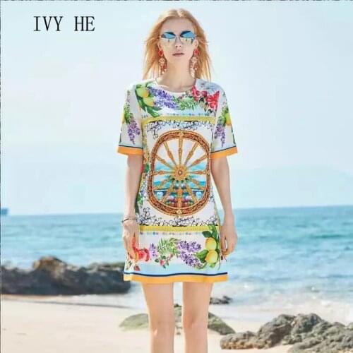 IVY HE High Quality Summer Dress Woman Clothing Fashion Design O Neck Loose Print Holiday Midi Dress Traf Robe ZA Party Dresses