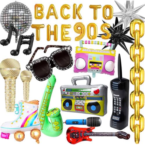 16'' Gold Chain Foil Balloons Inflatable Radio Boombox Mobile Phone 80s 90s Party Decors Retro Hip Hop Themed Birthdays Party